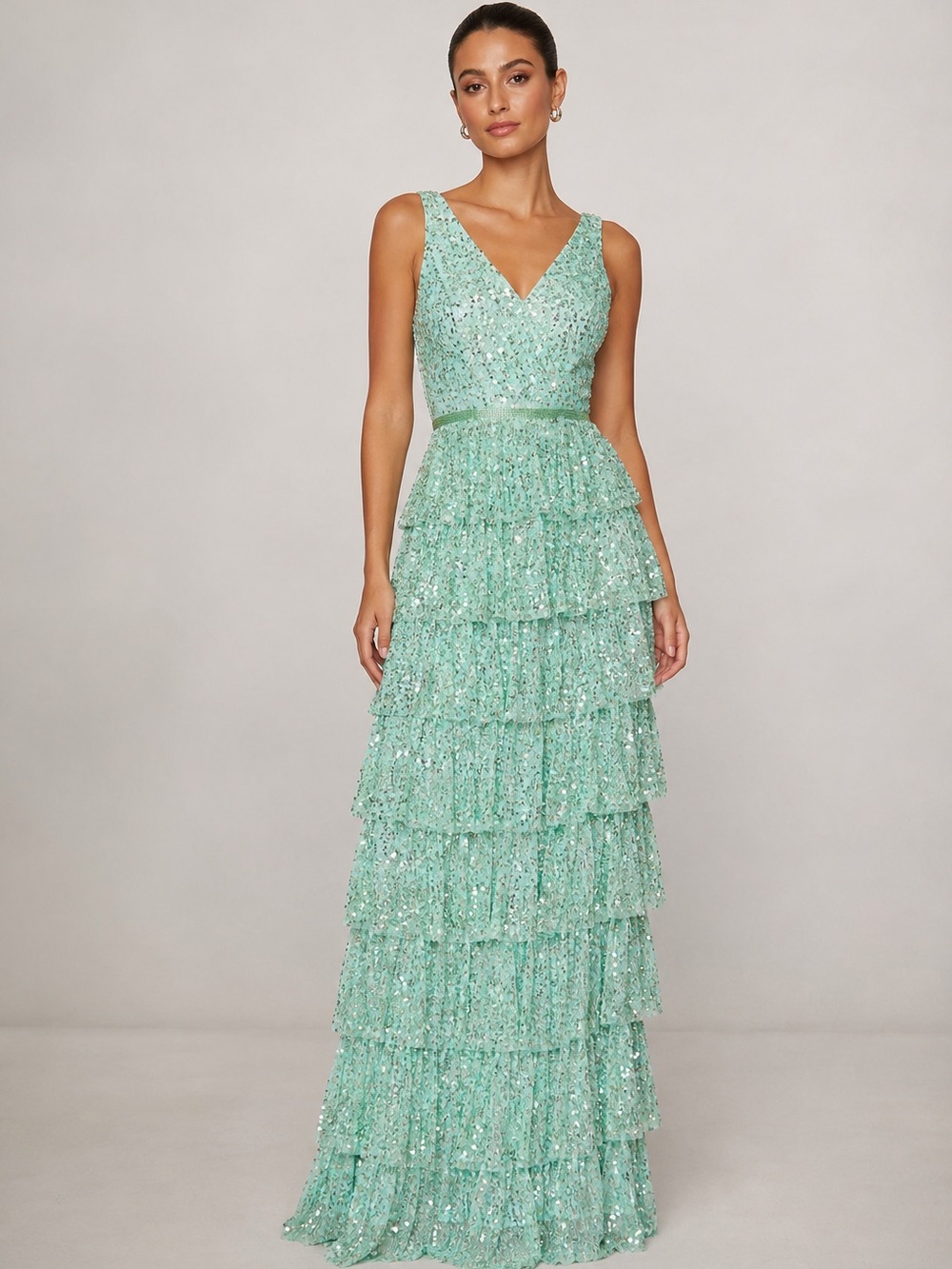 NWT Mac Duggal Sequin Mint 5627 Tiered Mint Ruffle Sleeveless Maxi Gown Size 6